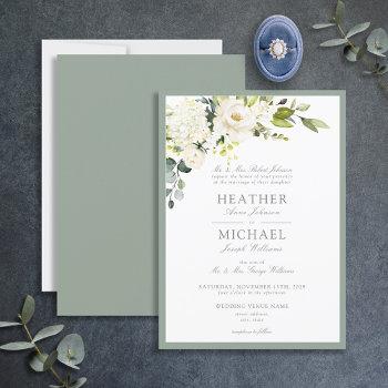classic white gray green floral watercolor wedding invitation
