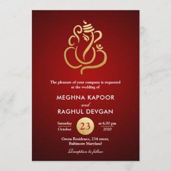 classy faux gold foil ganesha/indian red wedding invitation