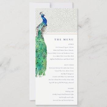 classy ornate watercolor peacock wedding menu card