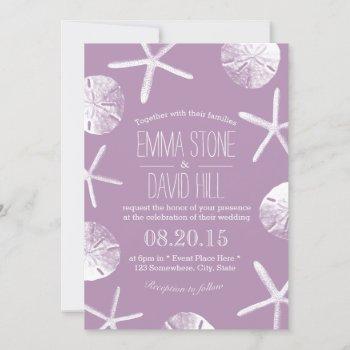 classy violet starfish & sand dollar beach wedding invitation
