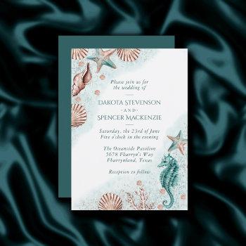 coastal chic | teal green and coral reef wedding invitation