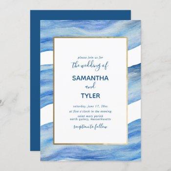 coastal elegance watercolor wave in classic blue invitation