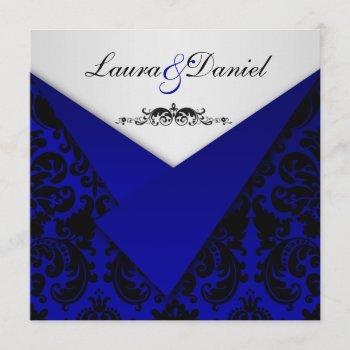 cobalt blue and black damask wedding invitation