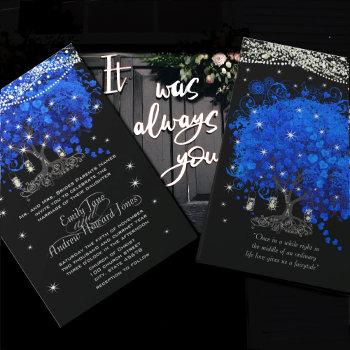 cobalt blue heart leaf tree wedding invitation