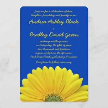 cobalt blue yellow gerber daisy wedding invitation