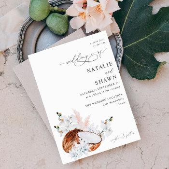 coconut coral & white floral wedding invitation