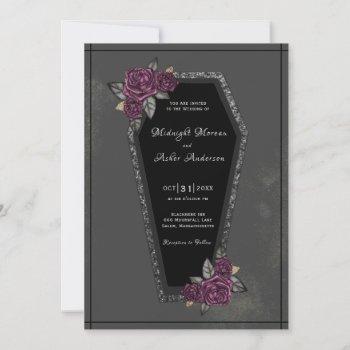coffin black gray roses sparkle halloween wedding invitation