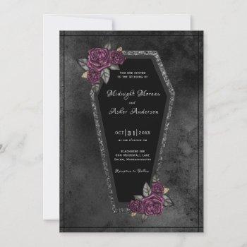 coffin black grey roses sparkle halloween wedding invitation