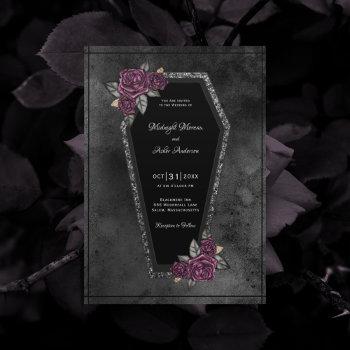 coffin black grey roses sparkle halloween wedding  invitation