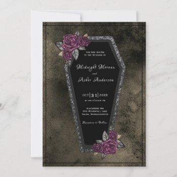 coffin black roses sparkle halloween wedding invitation