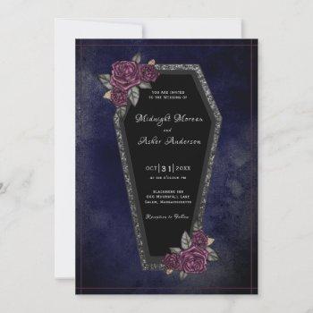 coffin roses sparkle navy blue halloween wedding  invitation