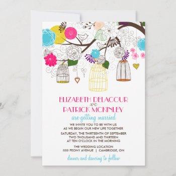 colorful birdcages and flowers wedding invitations