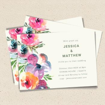 colorful boho watercolor flowers simple wedding invitation