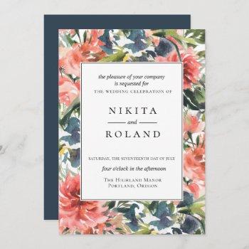 colorful coral dahlia floral wedding invitation