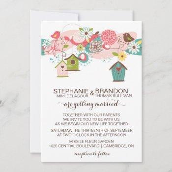 Small Colorful Love Birds & Bird Houses Wedding Invite Front View