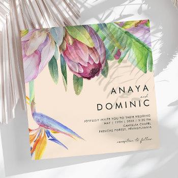 colorful tropical floral | peach square wedding invitation