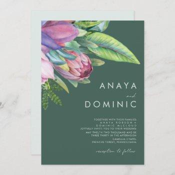 colorful tropical floral traditional green wedding invitation
