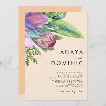 colorful tropical floral traditional peach wedding invitation