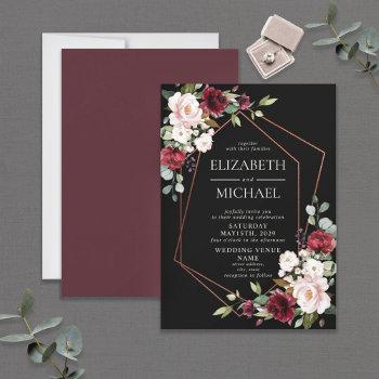 copper geometric burgundy black floral  wedding invitation