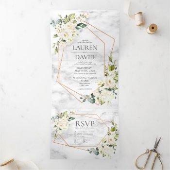 Small Copper Geometric Marble White Floral Wedding Tri-fold Front View