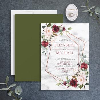 copper marble geometric burgundy floral wedding invitation