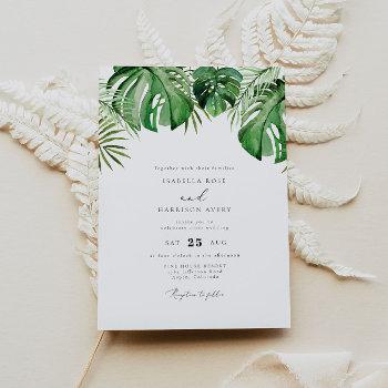 cora tropical watercolor palm leaf wedding invitation