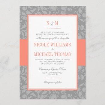 coral and gray damask wedding invitations
