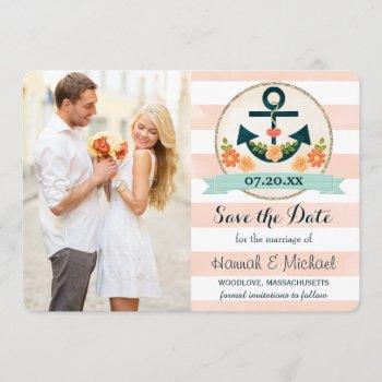 Small Coral And Navy Blue Nautical Anchor Save The Date Front View
