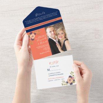 coral and navy blue photo wedding all in one invitation