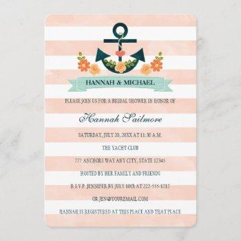 coral and navy nautical bridal shower invitation