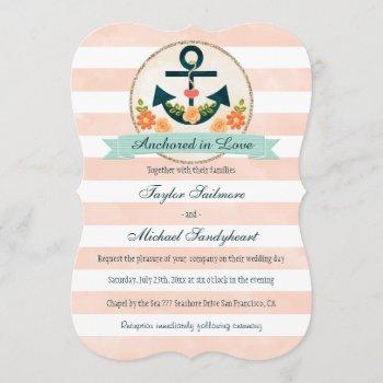 coral and navy nautical wedding invitation