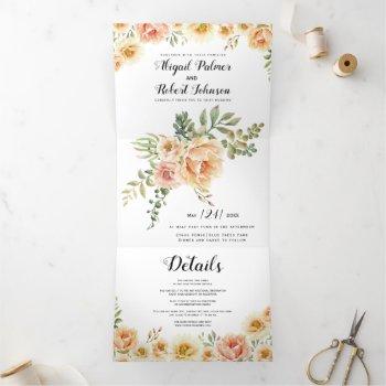 Small Coral And Peach Watercolor Flowers Wedding Tri-fold Front View