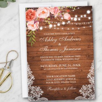 coral floral rustic wedding wood lights lace invitation