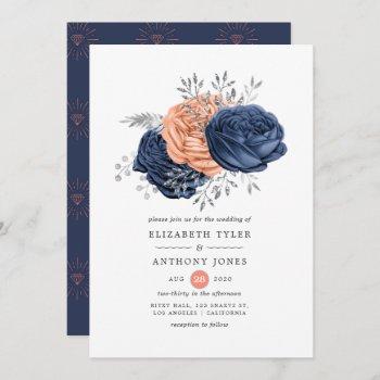 coral, navy and silver floral wedding invitation