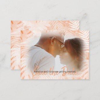 Small Coral Orange Tropical Palm Leaf Save-the-date Front View