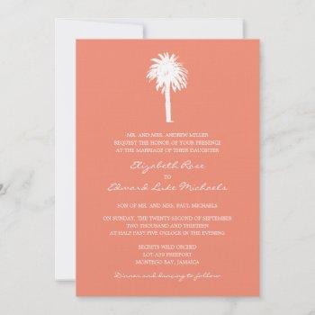 coral palm tree destination wedding invitation