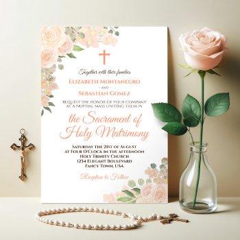 coral peach boho floral modern catholic wedding invitation