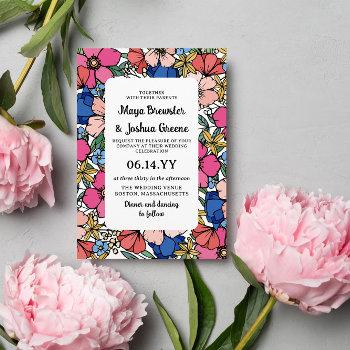coral pink blue flowers spring summer wedding invitation