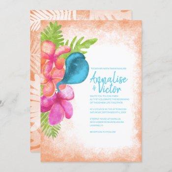 coral pink malibu blue tropical wedding invitation
