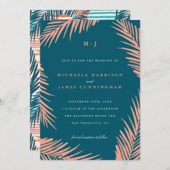 coral pink palm leaves tropics summer wedding invitation