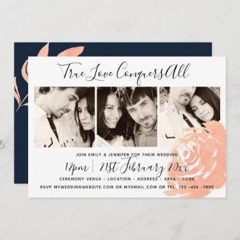 coral rose navy photo collage wedding invitation