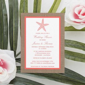 coral starfish on burlap beach wedding shower invitation