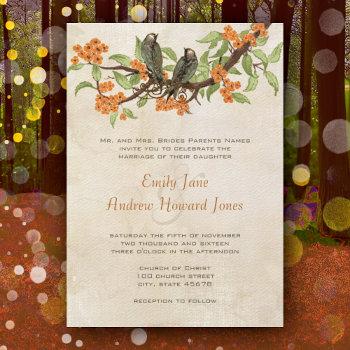 Small Coral Vintage Love Birds Tea Stain Wedding Invites Front View