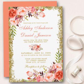 coral watercolor floral and gold glitter wedding invitation