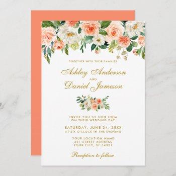 coral watercolor floral gold wedding cb invitation