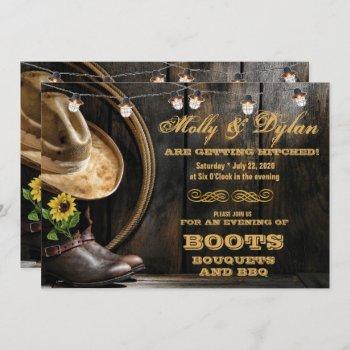 country boots hat & barn wood wedding invitations