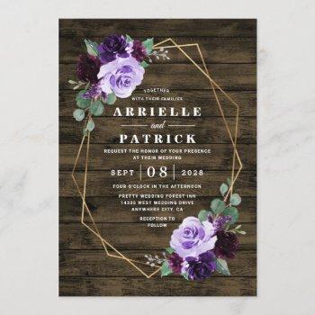 country rustic floral purple and gold wedding invitation
