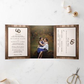 Small Country Rustic Horseshoe & Brown Wood Wedding Tri-fold Front View