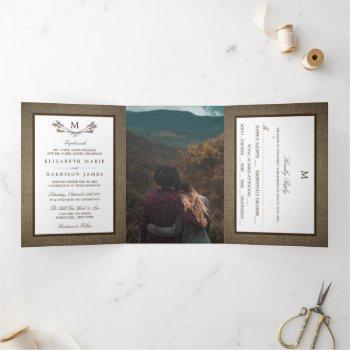 country rustic monogram branch & burlap wedding tri-fold invitation