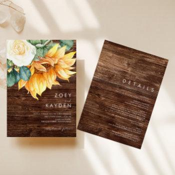 country sunflower bouquet wood all in one wedding invitation